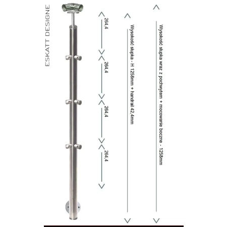 Mocowanie boczne do słupka balustrady z 3 wypełnieniami z rurki fi 12mm