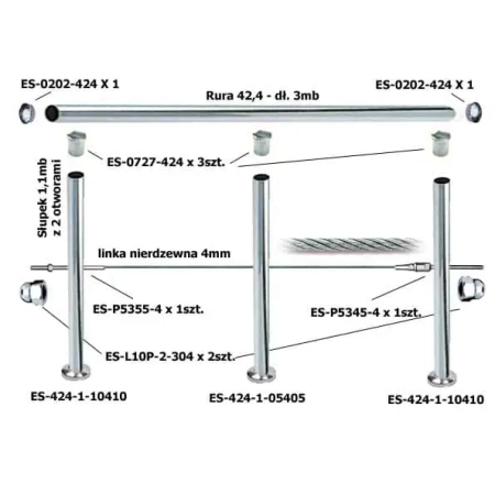 Balustrada dł.3mb, System Ø42,4mm, 1 linka nierdzewna Ø4mm na podest, Satyna