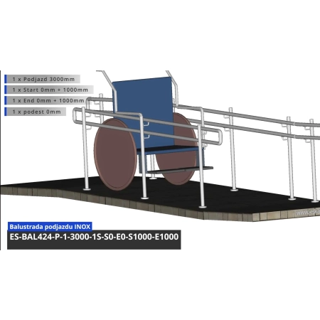 Podwójne balustrady podjazdu, 2 x podesty 1500mm dla jednego boku
