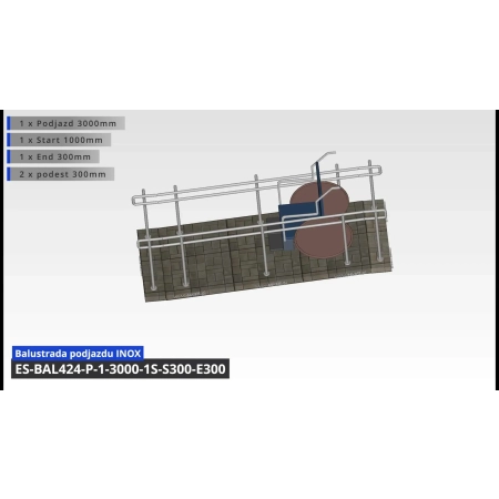 Podwójne balustrady podjazdu, 2 x podesty 1500mm dla jednego boku
