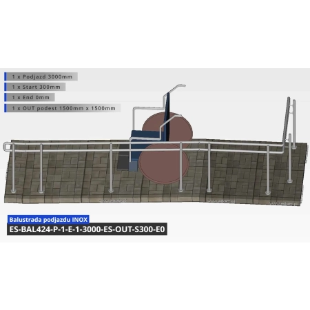 Barierka do podjazdu 3mb + wypłąszczenie 300mm + zakręt  podest 1,5 x 1,5 dodatkowo wypłaszczenie 300mm