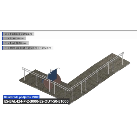 Balustrada podjazdu długości 2 x 3mb z podestem 1500 x 1500