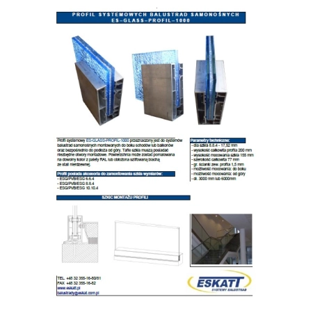 Profil do balustrady/ zabudowy szklanej, boczny, aluminiowy , szkło hartowane, klejone VSG/ESG 8.8.4, mocowanie boczne do podłoża, 1 mb
