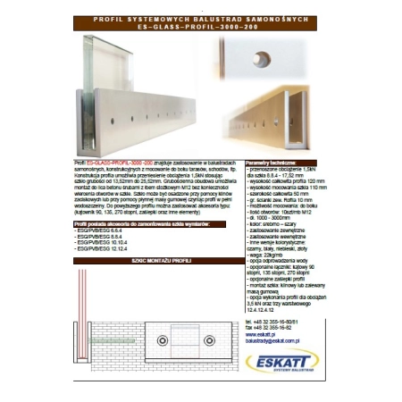 Profil do balustrady szklanej wewnętrznej, boczny, stal malowana RAL, mocowanie boczne do podłoża, dł.1 m