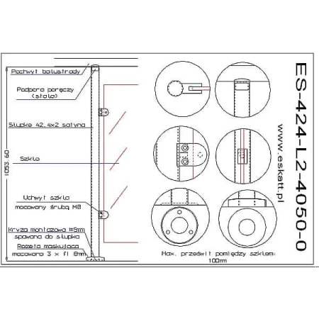 Słupek Ø42,4 mm z 2 uchwytami szkła 40x50 mm, ze stali nierdzewnej AISI 304, mocowania z lewej strony, podpora pochwwytu poprzeczna, Poler