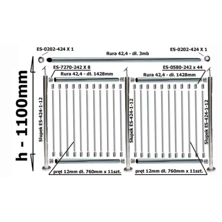 Balustrada dł.3mb, System Ø42,4mm, 22 rurek pionowych Ø12 na podest, Satyna